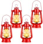 4 Pcs LED Vintage Lanterns Battery Operated Lantern Warm White Old Hurricane Lantern Antique Metal Hanging LED Lantern Lamp with Dimmer Switch for Indoor Table Outdoor Camping Lighting (Red)