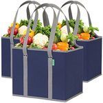Reusable Grocery Shopping Box Bags (3 Pack - Blue/Gray). Large, Premium Quality Heavy Duty Tote Set with Extra Long Handles & Reinforced Bottom. Folding, Collapsible, Durable and Eco Friendly