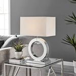 Furniturebox UK Lighting - Chloe Table Desk Lamp Light (Including Bulb) - Mirrored Statement Base Featuring Round Halo Design & White Rectangular Fabric Lampshade - Glam Modern Retro Statement Lamp