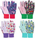 JUMPHIGH 4 Pairs Garden Gloves for Women, Floral Gardening Gloves with Non-Slip PVC Dots, Ladies Soft Breathable Yard Work Gloves Light Working Gloves, Elastic Knit Wrist, Large