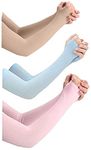 PURSUE FASHION Unisex Full Arm Fingerless Sleeves Gloves for UV, Dust, Summer, UV Sun Protection Arm Sleeves for Men & Women, Protection Arm Sleeves (Beige, Blue, Pink, 3 Pair)