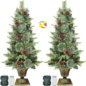 AMENON 2 Pack 3 Ft Potted Artificial Christmas Entrance Tree with Timer 50 Warm White and Colored Lights & 12 Modes Battery Powered Douglas Fir Trees with Lights for Porch Entrance Christmas Decor