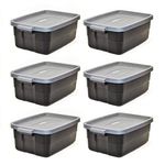 Rubbermaid Roughneck Tote 10 Gal - 6 Pack |Made in the USA| Black & Grey, Rugged Plastic Stackable Storage Tote with Lid and Handles