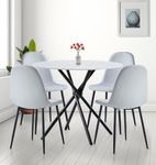 Hallowood Furniture Cullompton Small Table and Chairs Set 4, Round Dining Table and Grey Fabric Chairs, Marble Effect Top Table and Chairs with Black Metal Legs, Dining Room Sets