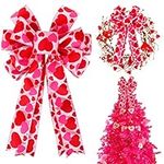 Valentine Tree Topper Bow with Heart Decorations, 11.4”x19.6” Large Red Pink Valentines Wreath Bow Decor for Valentine's Day Wedding Holiday Party Wall Home Front Door Decorative