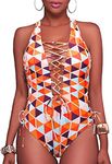 Holipick Women Sexy One Piece Swimsuit Lace Up Bathing Suit Plunge V Neck Swimwear, Orange Geometric, Medium