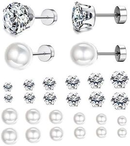 Jstyle 12Pairs Stainless Steel Round Clear Cubic Zirconia Pearl Stud Earring for Women CZ Earrings 3-8MM