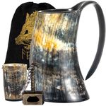 FENRIR Viking Drinking Horn Mug | Thor Bottle Opener Shot Glass | Authentic Ox Horn Medieval Style Mead Tankard | Norse Ale Beer Stein | Loud Cup Tumbler Horn | Unique Gifts for Men | 16-oz