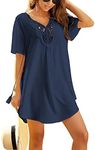 Ekouaer Women's Beach Cover Up,Solid Color V-Neck Bikini Cover Up,Lace Crochet Swimsuit Cover Up Navyblue M