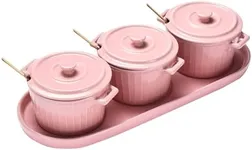 Whole Housewares Mini Cocotte Set with Golden Spoons and Pink Serving Tray - 3 Small Pink Casserole Dishes, 10oz Each with Lids and Handles - Versatile for Baking, Serving, Microwave & Dishwasher Safe