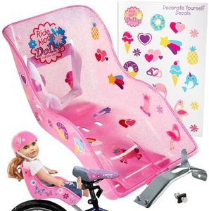 SCS Direct The Original Doll Bicycle Seat (Glitter Pink)-Bike Attachment Accessory for All 18"-22" Dolls & Stuffed Animals, Decorate Yourself Decals, Fits Most Bikes, Compatible with American Girl