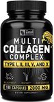 Multi Collagen Peptides Pills (Types Ⅰ,Ⅱ,Ⅲ,Ⅴ,Ⅹ) Grass Fed Collagen Pills (180 Capsules) - Hydrolysate Collagen Protein Blend for Hair, Skin, Nails, and Joint Support - Collagen Pills for Women