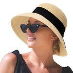 Comhats Sun Hats for Women Ladies Straw Hat UV Protection Beach Hat Wide Brim Summer Hat Foldable Sunhats Adjustable Packable Holiday Travel Beige L/XL 58CM