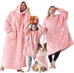 EHEYCIGA Wearable Blanket Hoodie with Pockets and Sleeves, Flannel Fleece Hooded Blanket for Women Men Adults and Kids, Pink, Kids