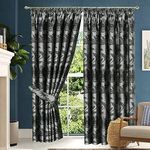 Prime Linens Fully Lined Pencil Pleat Floral Curtains & Matching Cushion Cover, Woven Jacquard Curtain for Bedroom Guestroom Living Room… (Grey/Silver-Curtains, 66x72-in)