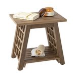 Shower Bench Waterproof - Bathroom Stool with Storage Shelf - Wood Looking Bathroom Bench - 18inch Corner Shower Stool for Shaving Legs - Adjustable Feet - Shower Bench with Shelf - Shower Seat