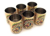 2heet Stainless Steel Handmade Meenakari Peacock Design Decorative Glass Set for Home Traditional Indian Style Set of 6 Glass (Golden Color), 250 ml