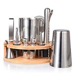 Quilamix 12-Piece Cocktail Shaker Set with Bamboo Stand, 600 ml/750 ml, Stainless Steel Bartender Set for Mixed Drinks, Gift for Friends, Men, Women, with Recipe Book