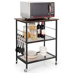 COSTWAY 3-Tier Rolling Baker’s Rack, Kitchen Storage Shelf with Lockable Wheels and Removable Hooks, Industrial Metal Frame Serving Cart for Home Office (2 Mesh Shelves, Rustic Brown)