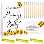 Sabary 64 Pcs Guess Baby Shower Games Include How Big Is Mommy's Belly Sign Measure Baby Bump Game and 50 Guessing Cards with 10 Pencils 3 Measuring Tapes for Baby Shower Party(Sunflower)