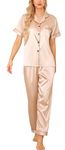 Vlazom Womens Silk Pyjamas, Soft Satin Short Sleeve Top & Long Pant Pyjamas Set Button Down Pj Sets Loungewear for All Seasons, A-Champagne,M
