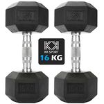 KK Hex Dumbbell Set. 4kg, 6kg, 8kg, 10kg,12kg,14kg. Dumbbell Weights for Weight Training. Cast Iron Chrome Dumbbells. Rubber Ends & Knurled Chrome Handles. At Home or Gym. For Sculpting & Training.