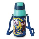 Cello Kidzbee Era Web Warriors Inner Steel Insulated Kids Water Bottle, 400 ml, Navy Blue | Leakproof Easy to Open Flip Top Cap with Inner Straw|Hot & Cold Water Bottle For Kids School, Picnic, Travel