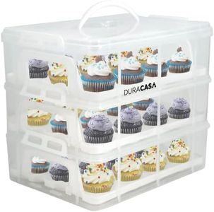 DuraCasa Cupcake Carrier, Cupcake Holder | Premium Upgraded Model Holds Cupcakes Steadier | Store up to 36 Cupcakes or Muffins | Stacking Cupcake Storage Container | Use 1,2, or 3 Tiers (White)