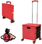 FELICON SELORSS Foldable Utility Cart Folding Portable Rolling Crate Handcart with Durable Heavy Duty Plastic Telescoping Handle Collapsible 4 Rotate Wheels for Travel Shop Move Luggage Office (Red)