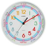 Wall Clock for Kids, Time Teacher to Learn the time, Battery Operated Silent Non Ticking, Plastic Frame Rainbow Large Number Easy to Read, Round for School Classroom Living Room 25cm Diameter-White