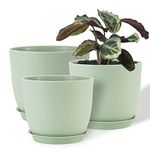 FORAGIFT 25/23/20cm Plant Pots Indoor, 3 Pack Modern Decorative Plastic Planters with Drainage Holes and Tray for House Plants, Green