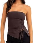 MISSACTIVER Women’s Strapless Sleeveless Tube Top Mesh Double Layer Ruched Side Asymmetrical Lace Up Bandeau Cami Tank Tops, Brown, Medium