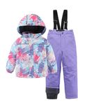 Hiheart Girls Winter Ski Jacket and Pants Set Winter 2-Piece Snowsuit Lilac Leafy 8-9