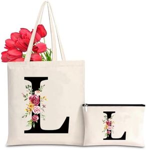 Letras Personalizadas Tote, Bolso Tote de Mujer con Inicial y Flores Bolsa de Compras con Bolsillo Interior, Alfabeto Bolso de Cosméticos Regalos para Damas Amigas Mamá Regalo de Cumpleaños Boda (L)