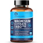 Magnesium Citrate 1480mg - 180 Vegan Capsules not Magnesium Tablets - Providing 444mg Elemental Magnesium - 3 Month Supply - High Strength Magnesium Supplements - Made in The UK by Howard & James