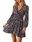 CUPSHE Women's V Wrap Dress Neck Ditsy Floral Mini Dress Long Sleeve A Line Dress Surplice Short Dress Multicoloured S