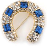 Clear And Blue Crystal Horseshoe Brooch In Gold Plating - 35mm