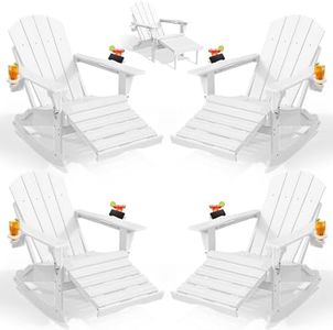 PLUUV Folding Adjustable Adirondack Rocking Chair Set of 4 with Retractable Ottoman and Cup Holders, Outdoor HDPE Adirondack Rocker Patio Chair, Wood-Like Reclining Adirondack Chair, White