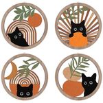 HPNIUB Boho Black Cat Wall Decor, Farmhouse Geometric Hanging Wooden Wall Art, 4 Pieces 10''x10'' Mid Century Bohemian Abstract Moon and Sun Wood Sign for Nursery Bedroom Decoration, Lovely Cat Gifts