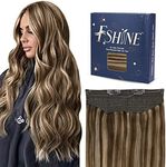 Fshine Fish Wire Human Hair Extensions 14 Inch 70g Secret Wire Hair Extensions Fish Line Hair Extensions with Removable Clips Dark Brown Highlight Blonde Real Hair Pieces