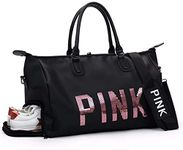 Areo Polyester Pink Letter Large Capacity Travel Duffle Striped Beach Bag on Shoulder (Black)