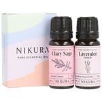 Nikura | Clary Sage & Lavender (French) Essential Oil Set | Sleep Oil, Labour Essentials | for Diffusers for Home | Hair, Massage, Candle Making, Soap | (2 x 10ml) | Vegan & UK Made