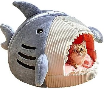 QWINEE Cat Mat Shark-Shaped Kennel Kitten Bed Hideout House Warm Soft Comfortable Semi-Closed Cat Dog Nest Blue L