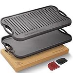 Overmont Pre-Seasoned Cast Iron Reversible Griddle Grill Pan with Handles for Gas Stovetop Open Fire Oven, 43.18 * 24.89CM (17x9.8") - One Tray, Scrapers Included