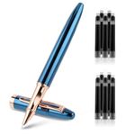 Amaxiu Metal Black Fountain Pen Set, 0.38mm Fine Nib Fountain Pen with 10 3.4mm Ink Cartridges and 1 Converter Smooth Writing Luxury Calligraphy Pen Office School Supplies Gift(Blue)