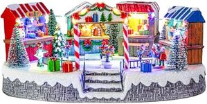 Bdor Christmas Market Village Scene with LED Lights | 8.3 x 5.9 x 5.9 Inches Battery Operated Holiday Decoration with Musical & Animated Market Stalls for Indoor Home Décor