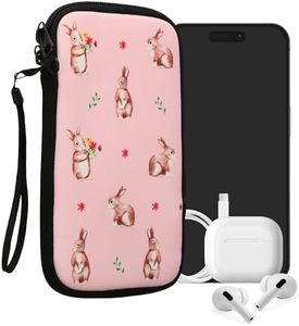 kwmobile Housse de Protection pour Smartphone XXL - 7" - Sacoche de Protection pour Téléphone Portable en Néoprène Lapins et Fleurs Blanc-Marron-Rose pâle