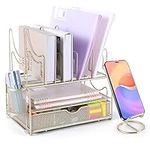 Desk File Organizer with Sliding Drawer 3-Tier Office Desktop Organizer File Holder Cute Desk Paper Letter Tray Organizer with 5 File Sorter Holders, 1 Pen Holder and 1 Phone Holder Gift - Gold