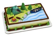 Decopac Fireside Camp Cake Decoration, 3 Piece With Light Up Tent, Food Safe, Multicoloured, Tent: 3"L x 2.6"W x 1.9"H; Canoe with Oar: 3.5"L x 1.65"W x 1.2"H; Campfire: 1.4"D x 1.2"H