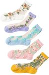 GORGLITTER Women's 4 Pairs Sheer Mesh Flower Patterned Thin Casual Crew Socks Transparent Cute Summer Socks Multi Retro Floral 36-39